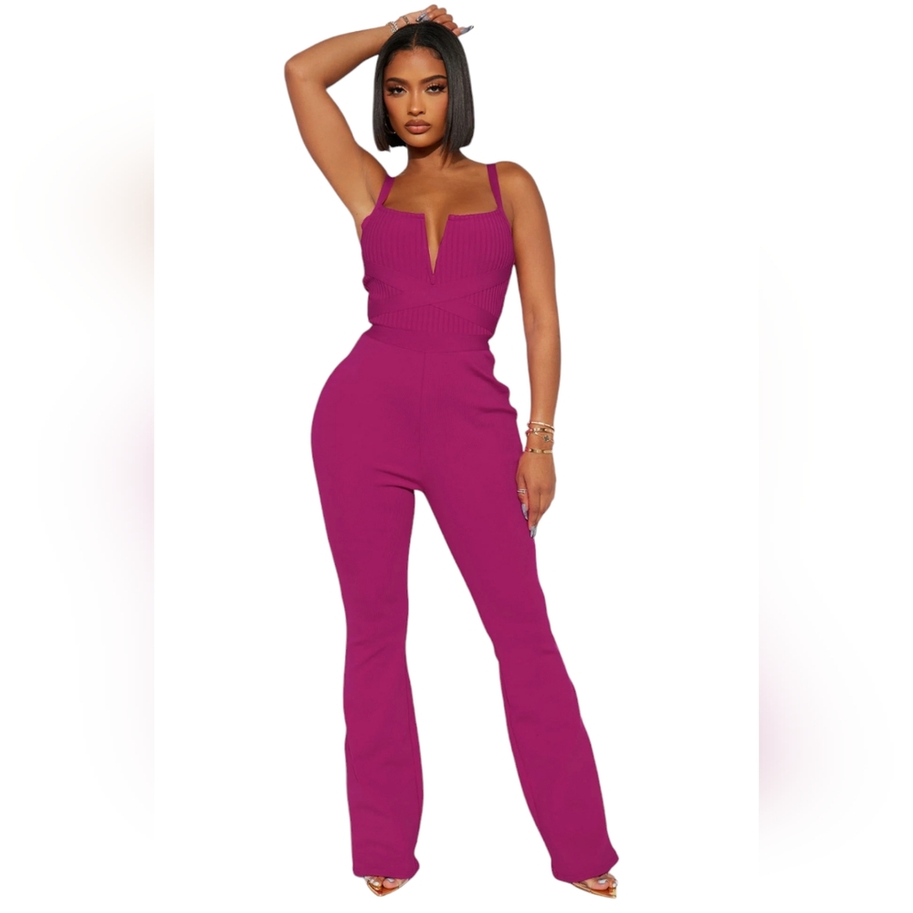 FN Misty Bandage deep v bustier flare leg jumpsuit L NWT